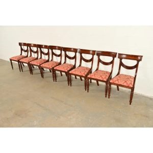 Baker Furniture Style English Regency Carved Mahogany Dining Chairs, Set of Eight
