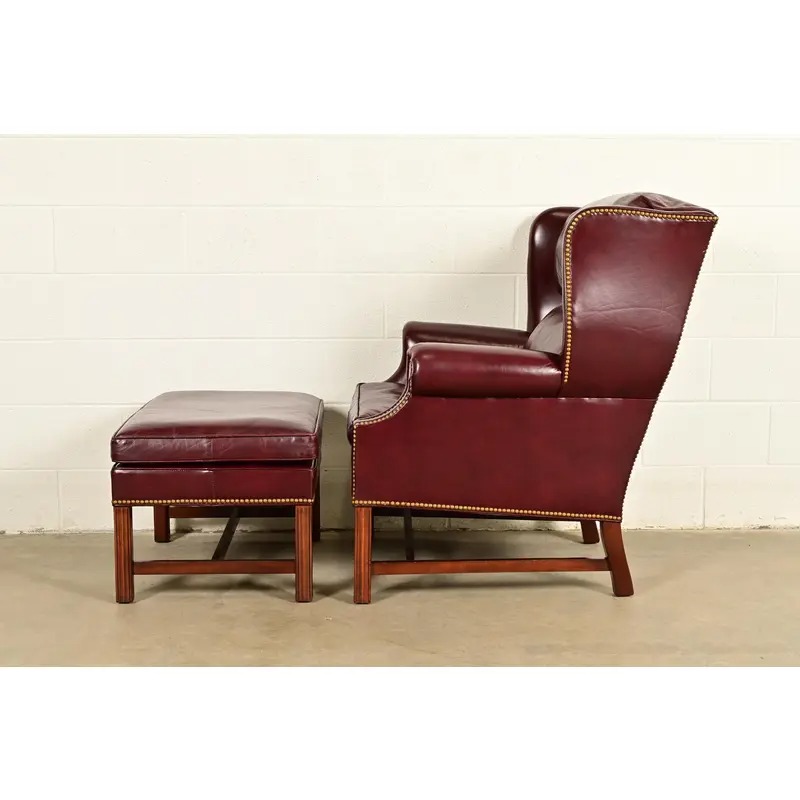 Hancock & Moore Chippendale Wingback Leather Lounge Chair With Ottoman - Image 12