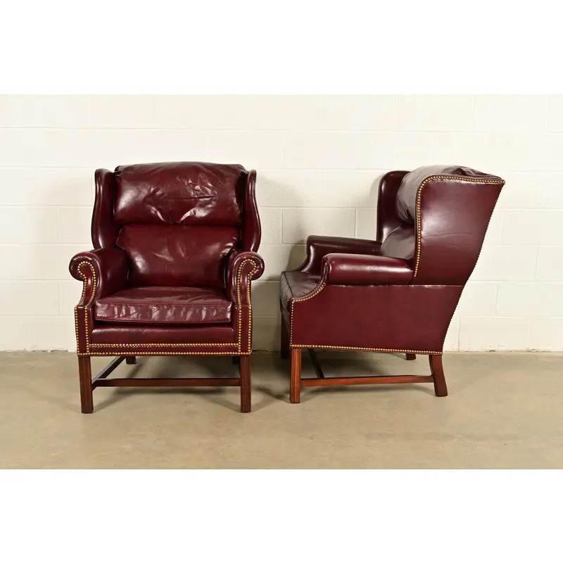 Hancock & Moore Chippendale Wingback Leather Lounge Chairs With Ottoman - Image 12