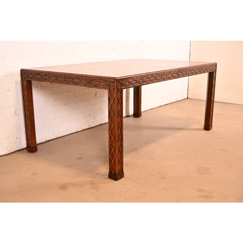 Henredon Mid-Century Modern Hollywood Regency Oak and Burl Wood Extension Dining Table, Newly Refinished - Image 12
