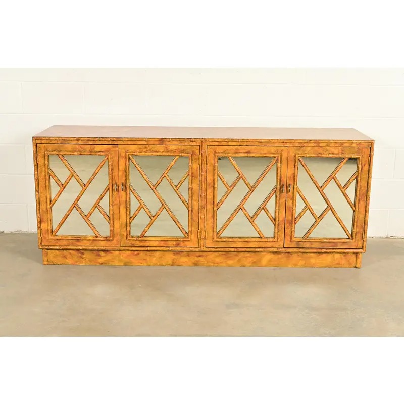 Henredon Style Mid-Century Hollywood Regency Faux Bamboo Mirrored Front Sideboard Credenza, Circa 1970s