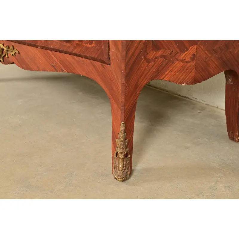 Paul Sormani Style Antique French Provincial Louis XV Kingwood Inlaid Marquetry Marble Top Commode With Mounted Ormolu | Circa 1920s - Image 12