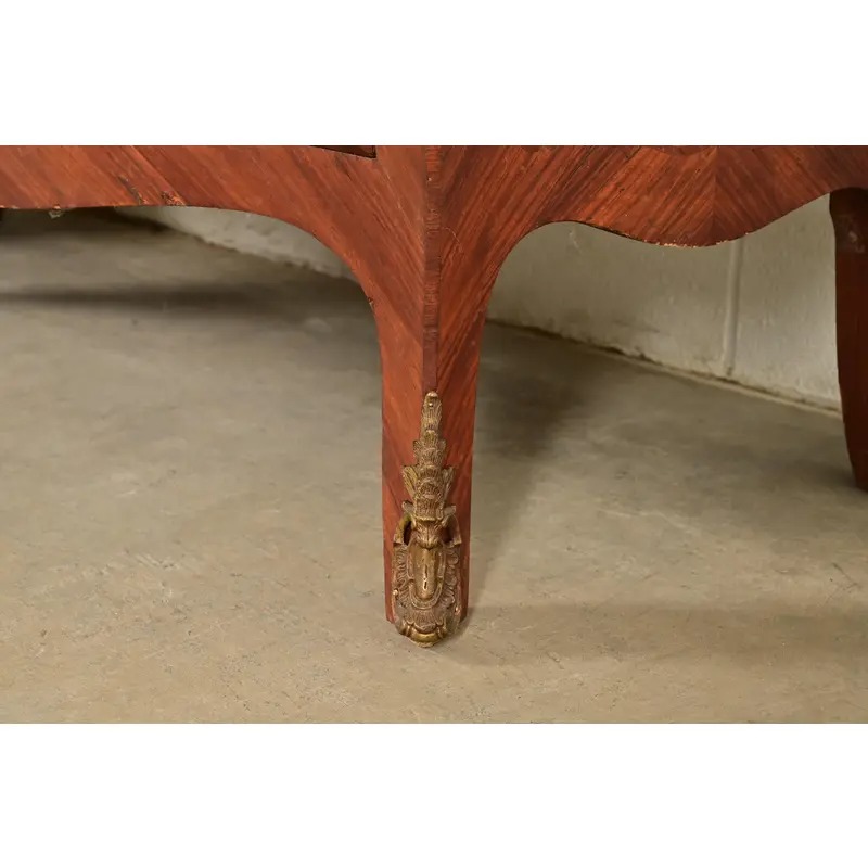 Paul Sormani Style Antique French Provincial Louis XV Kingwood Inlaid Marquetry Marble Top Commodes With Mounted Ormolu | Pair - Image 12