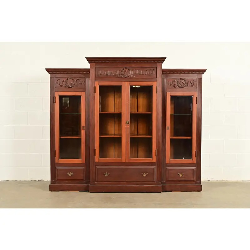R. J. Horner Style Antique Victorian Carved Walnut Triple Bookcase Cabinet, Circa 1880s