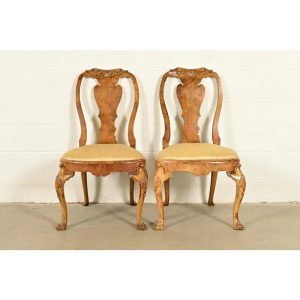 18th Century Antique Thomas Chippendale Period Carved Burl Wood Side Chairs or Dining Chairs, Pair