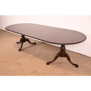 19th Century Antique Georgian Carved Mahogany Double Pedestal Extension Dining Table, Newly Refinished