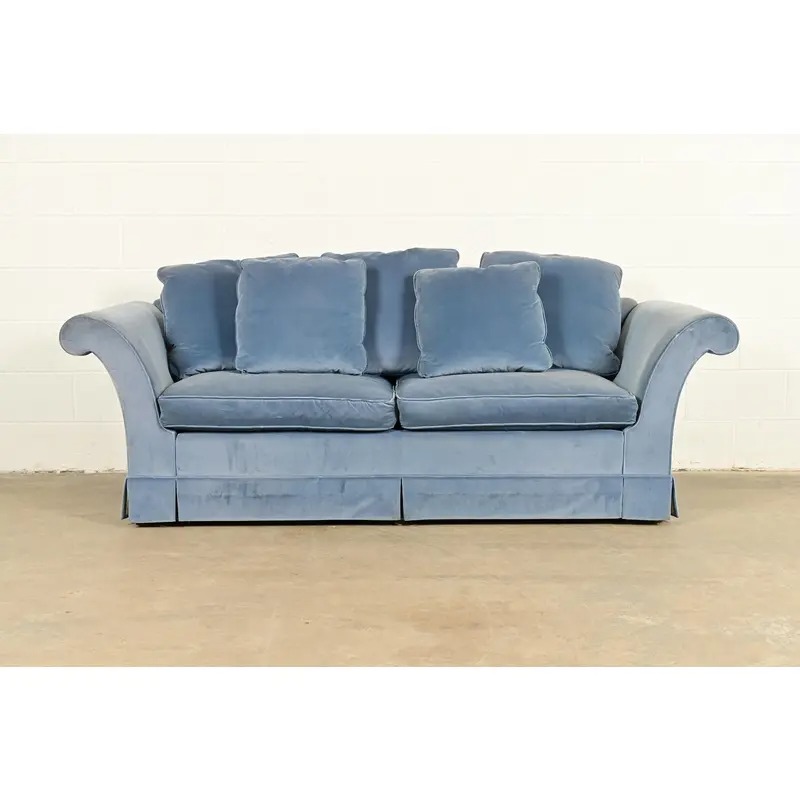 Baker Furniture Blue Velvet Upholstered Roll Arm Sofa