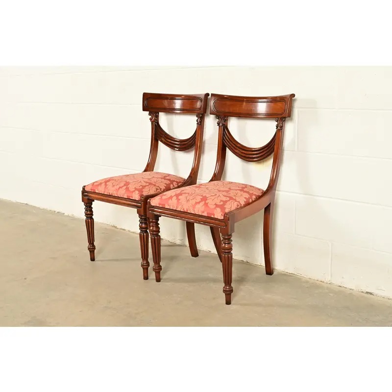 Baker Furniture Style English Regency Carved Mahogany Side Chairs or Dining Chairs, Pair