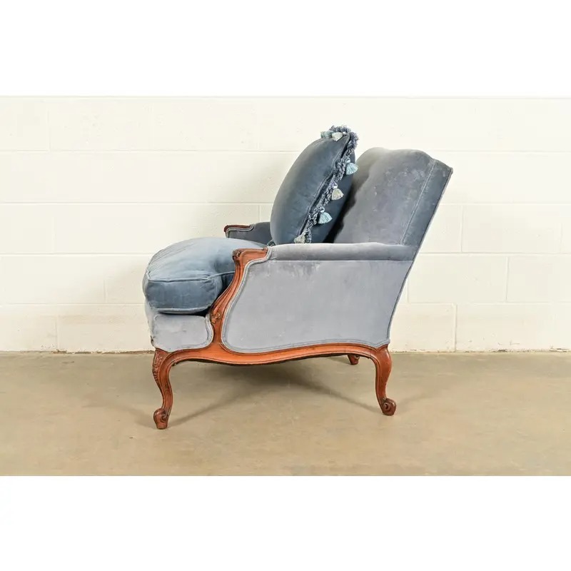 Baker Furniture Style French Provincial Louis XV Carved Walnut Velvet Upholstered Lounge Chair and Ottoman | Circa 1960s - Image 13