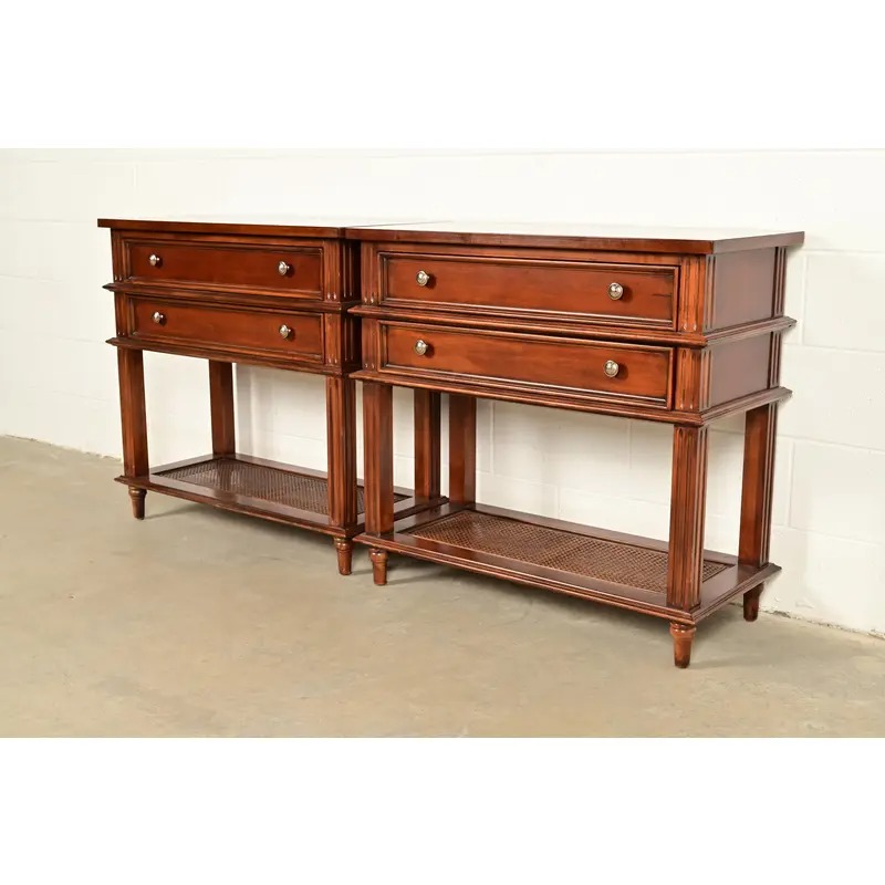 Drexel Heritage French Regency Louis XVI Carved Mahogany and Cane Console Tables or Servers, Pair