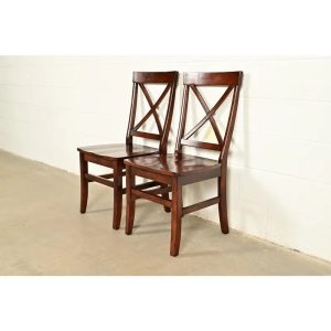 English Country Farmhouse Carved Walnut X-Back Side Chairs or Dining Chairs, Pair