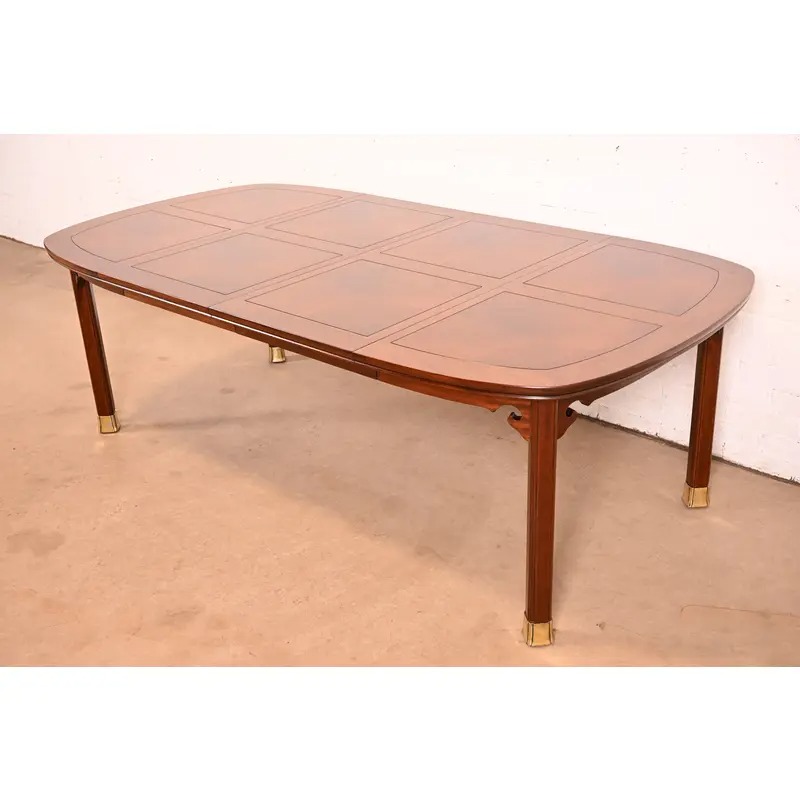 Henredon Mid-Century Modern Hollywood Regency Chinoiserie Walnut and Burl Wood Extension Dining Table | Newly Refinished