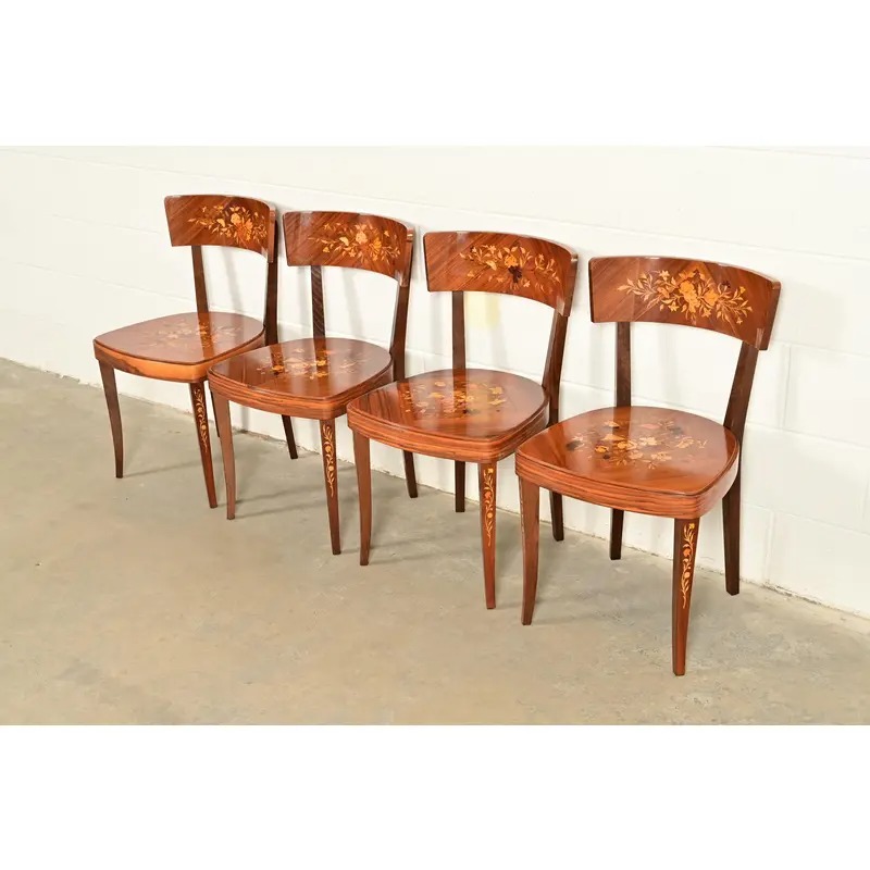Italian Louis XVI Kingwood Inlaid Marquetry Dining Chairs, Set of Four
