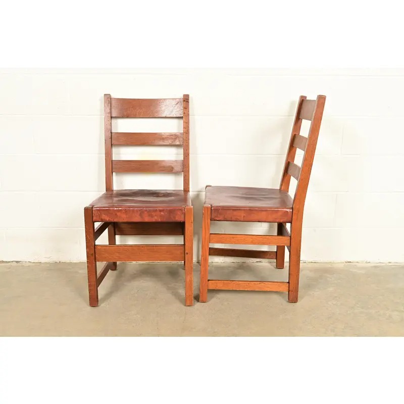 L. & J. G. Stickley Antique Mission Oak Arts & Crafts Ladder Back Side Chairs or Dining Chairs | Pair - Image 13