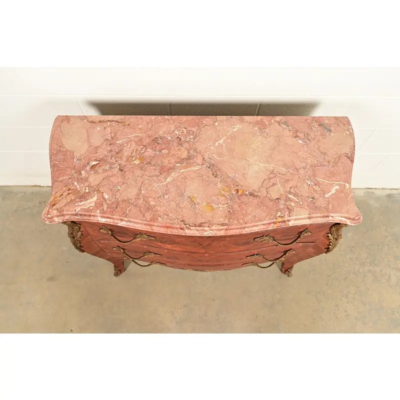 Paul Sormani Style Antique French Provincial Louis XV Kingwood Inlaid Marquetry Marble Top Commode With Mounted Ormolu | Circa 1920s - Image 13