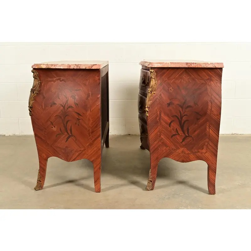 Paul Sormani Style Antique French Provincial Louis XV Kingwood Inlaid Marquetry Marble Top Commodes With Mounted Ormolu | Pair - Image 13