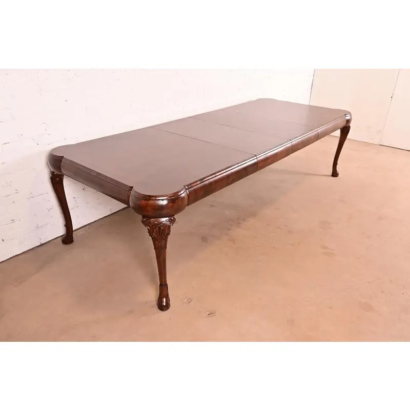 19th Century Antique Queen Anne Burl Wood Extension Dining Table, Newly Refinished