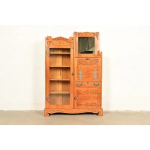 Antique Victorian Oak Side-by-Side Bookcase With Drop Front Secretary Desk, Circa 1900