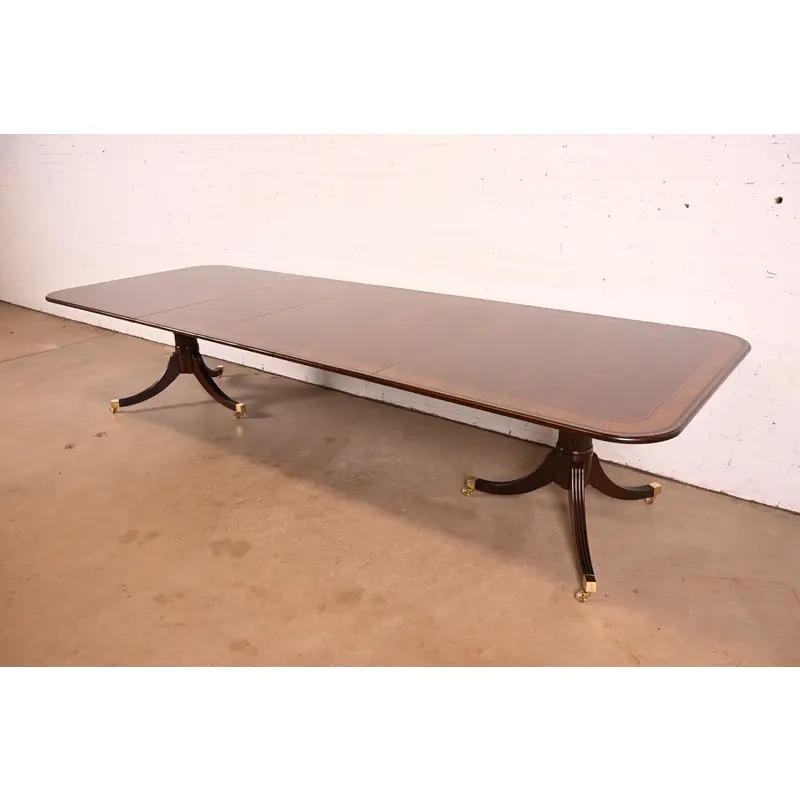 Baker Furniture Stately Homes Georgian Banded Mahogany Double Pedestal Extension Dining Table | Newly Refinished