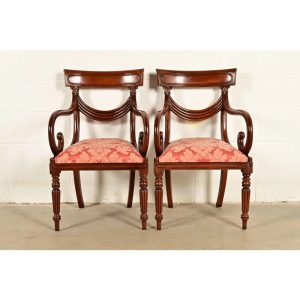 Baker Furniture Style English Regency Carved Mahogany Armchairs, Pair
