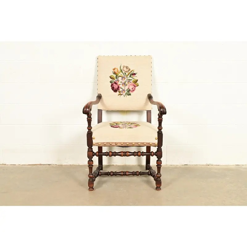 Berkey & Gay Style Antique English Jacobean Carved Walnut Library Chair, Circa 1900