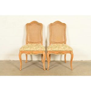 John Stuart French Provincial Louis XV Carved Oak and Cane Back Side Chairs or Dining Chairs | Pair