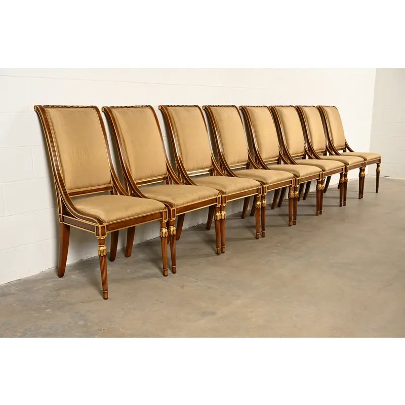Karges French Regency Louis XVI Carved Walnut and Gold Gilt Dining Chairs | Set of Eight