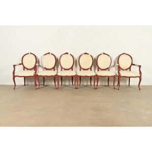 Karges Style French Provincial Louis XV Brown Lacquered Dining Chairs, Set of Six