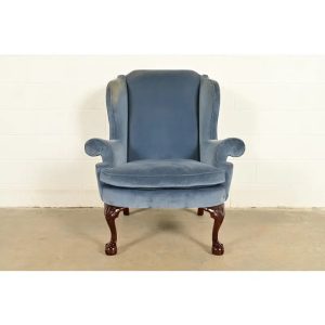 Kindel Furniture Chippendale Carved Mahogany Blue Velvet Upholstered Wingback Lounge Chair