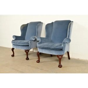 Kindel Furniture Chippendale Carved Mahogany Blue Velvet Upholstered Wingback Lounge Chairs, Pair