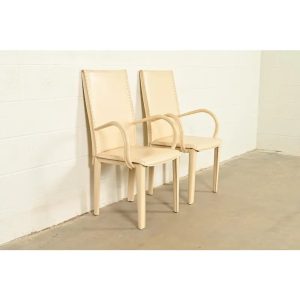 Mario Bellini Style Italian Modern Cream Leather Wrapped Armchairs, Pair