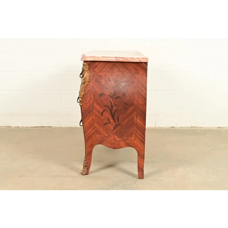 Paul Sormani Style Antique French Provincial Louis XV Kingwood Inlaid Marquetry Marble Top Commode With Mounted Ormolu | Circa 1920s - Image 14