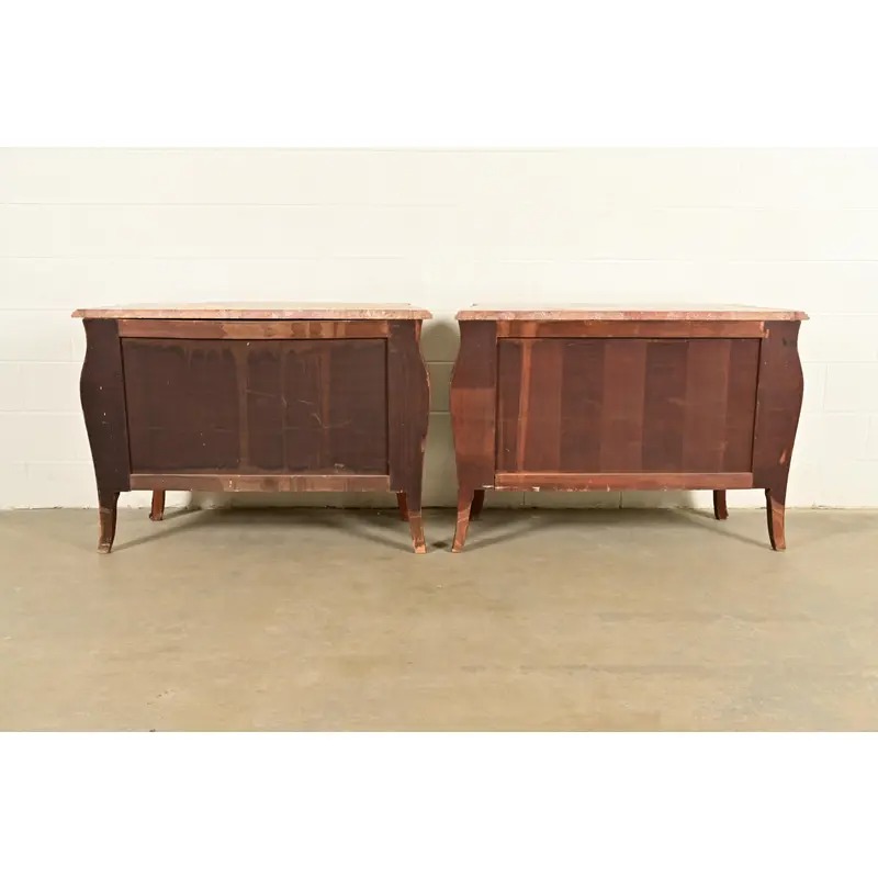 Paul Sormani Style Antique French Provincial Louis XV Kingwood Inlaid Marquetry Marble Top Commodes With Mounted Ormolu | Pair - Image 14