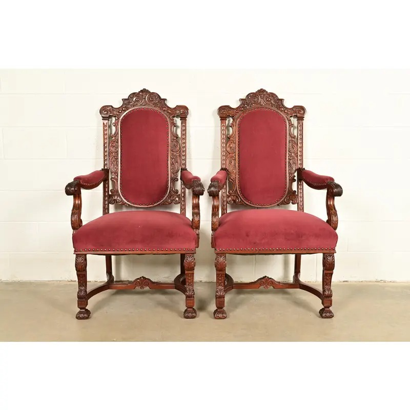 R. J. Horner Style Antique Renaissance Revival Carved Walnut Armchairs | Pair