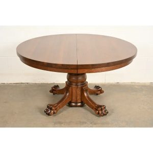 R. J. Horner Style Antique Victorian Carved Oak Split Pedestal Extension Dining Table With Lion Paw Feet | Newly Refinished