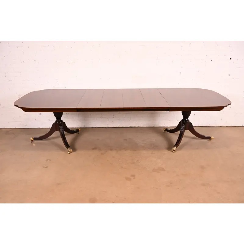 Stickley Georgian Banded Flame Mahogany Double Pedestal Extension Dining Table | Newly Refinished