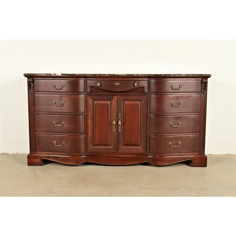 Thomasville French Louis Philippe Carved Mahogany Marble Top Triple Dresser or Credenza