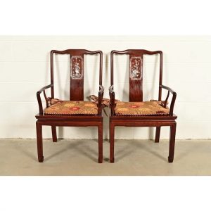 Antique Chinese Carved Rosewood Armchairs With Mother of Pearl Inlay, Circa 1890s