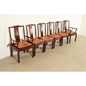 Antique Chinese Carved Rosewood Dining Chairs With Mother of Pearl Inlay, Circa 1890s