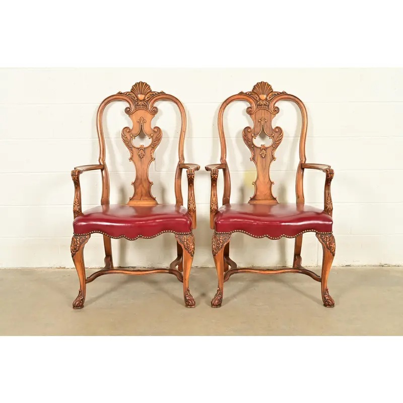 Berkey & Gay Antique Georgian Burled Walnut Armchairs, Pair