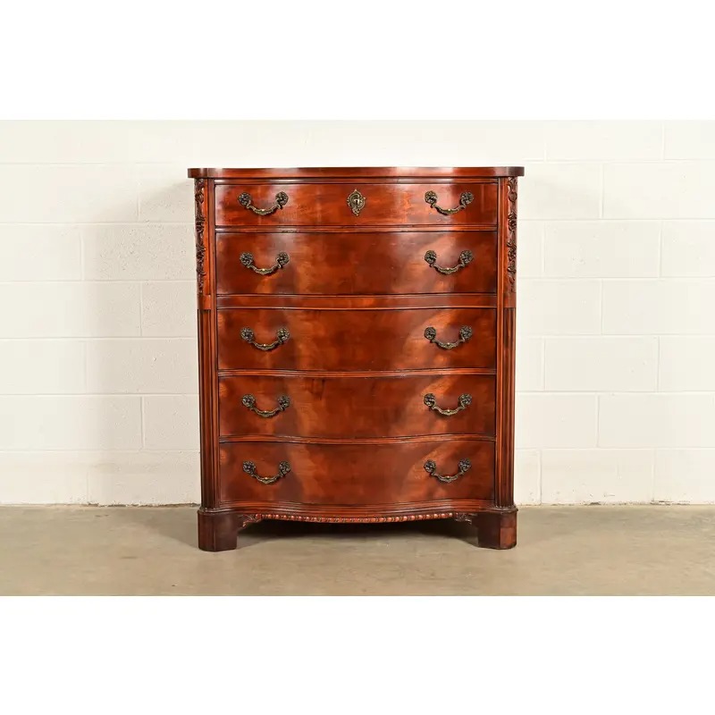 Century Furniture Georgian Carved Flame Mahogany Serpentine Front Five-Drawer Highboy Dresser | Circa 1950s