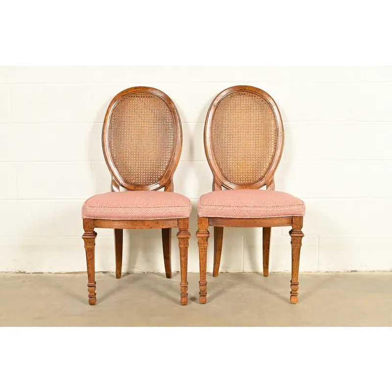 Drexel French Regency Louis XVI Carved Walnut Cane Back Side Chairs or Dining Chairs | Pair