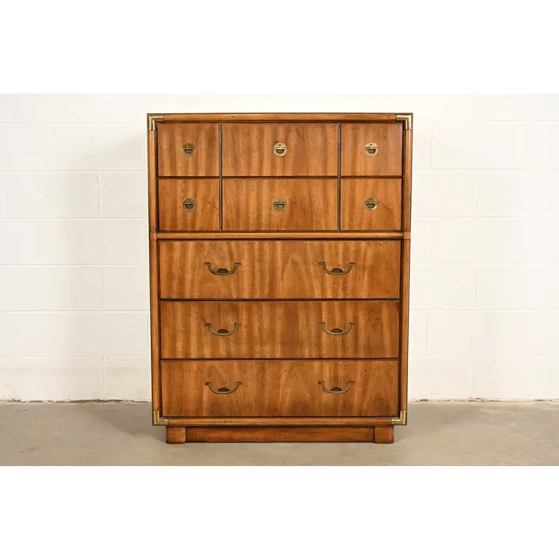 Drexel Heritage Mid-Century Modern Hollywood Regency Campaign Walnut Highboy Dresser, 1970s