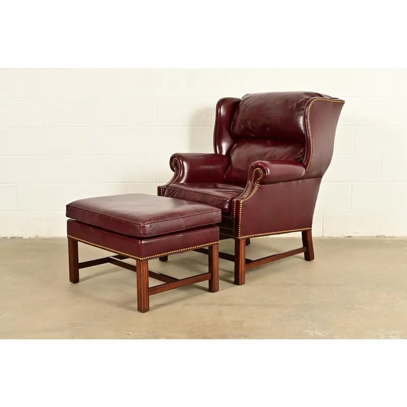 Hancock & Moore Chippendale Wingback Leather Lounge Chair With Ottoman