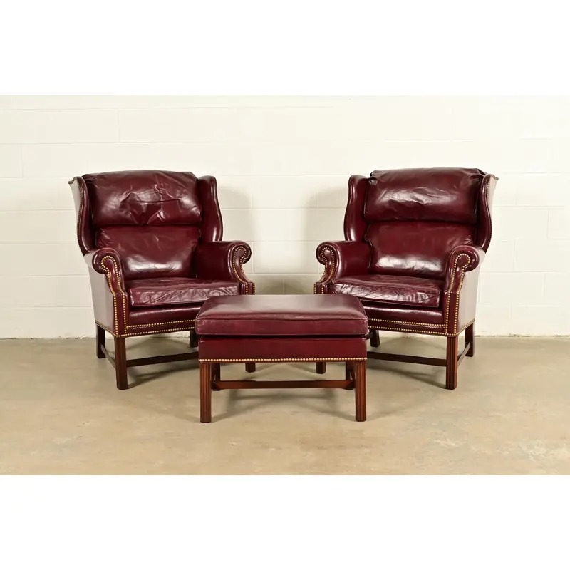 Hancock & Moore Chippendale Wingback Leather Lounge Chairs With Ottoman