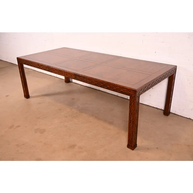 Henredon Mid-Century Modern Hollywood Regency Oak and Burl Wood Extension Dining Table, Newly Refinished