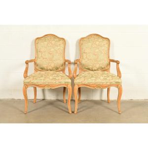 John Stuart French Provincial Louis XV Carved Oak Armchairs | Pair