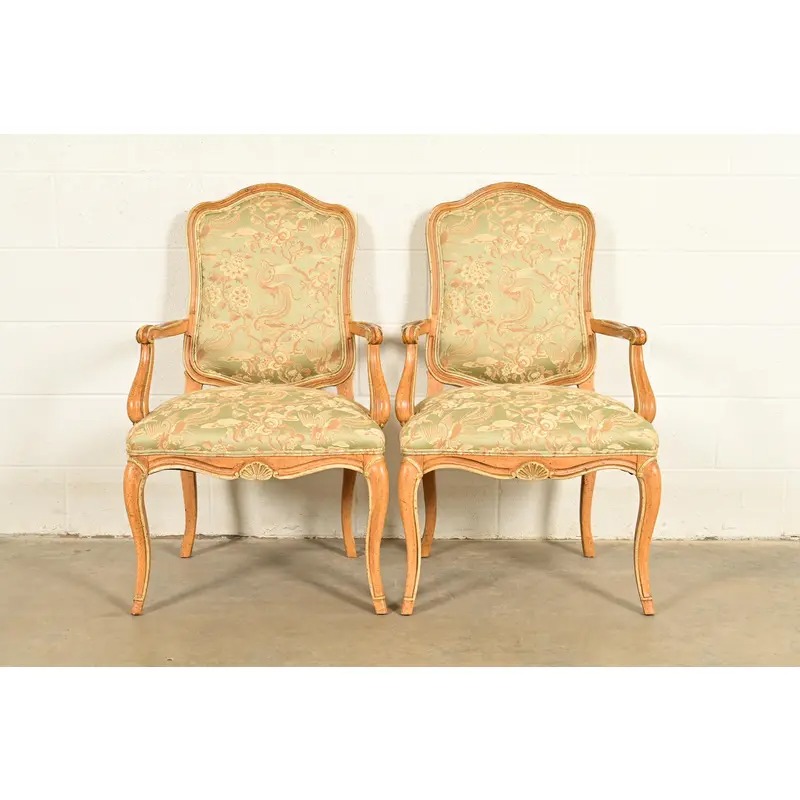 John Stuart French Provincial Louis XV Carved Oak Armchairs | Pair