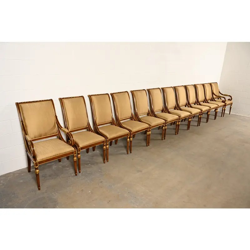 Karges French Regency Louis XVI Carved Walnut and Gold Gilt Dining Chairs | Set of Twelve