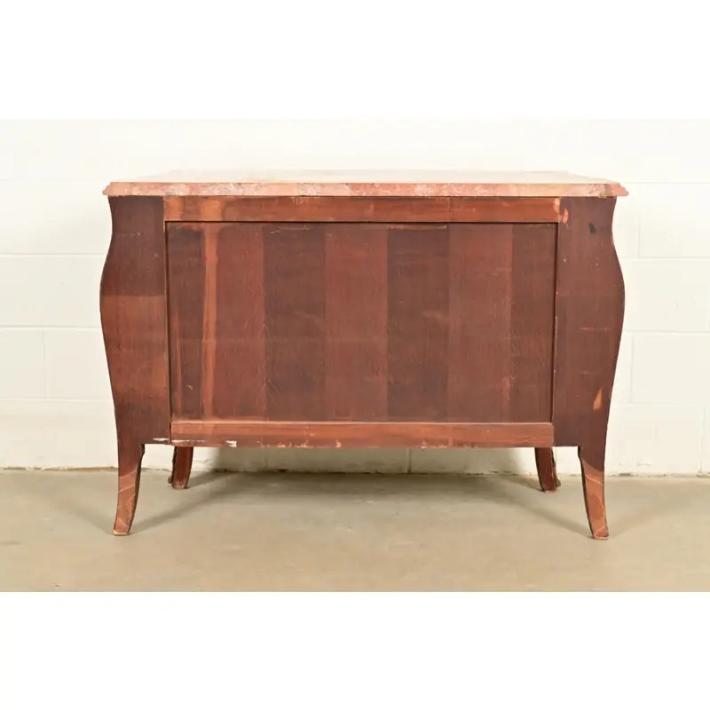 Paul Sormani Style Antique French Provincial Louis XV Kingwood Inlaid Marquetry Marble Top Commode With Mounted Ormolu | Circa 1920s - Image 15